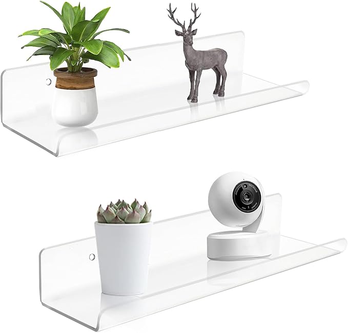 ROYALITA 2-Pack Small Acrylic Shelves Wall Mounted, 12 in Display Shelves | for Small Items, Plants, Room Decor Floating Wall Shelves for Gaming Room, Bedroom, Living Room, Office, Clear