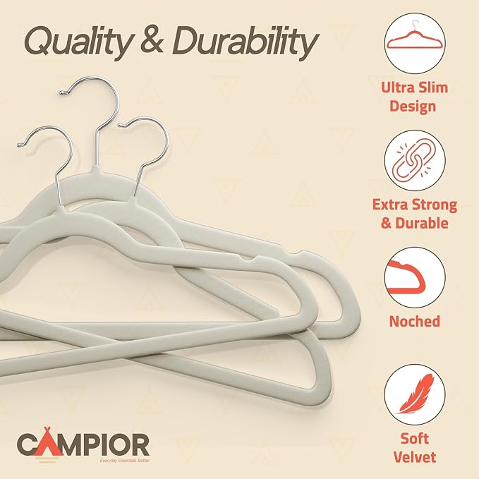 Ivory Velvet Hangers 150 Pack – 360° Swivel Hook, Non-Slip and Space Saving Hangers, Heavy-Duty 11 lbs Weight Capacity - Smooth Velvet Finish for Crease-Free Clothes and Effortless Closet Organization