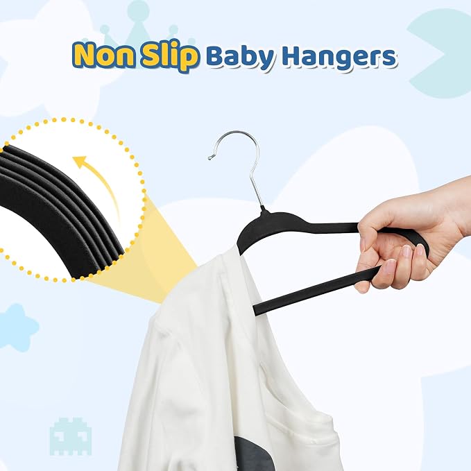 Smartor Premium 11 Inch Baby Hangers 50 Pack, Kids Velvet Hanger, Non Slip | Black Space Saving Felt Hangers Clothes Organizers for Closet with 360° Swivel Hook for Children, Infant & Toddler