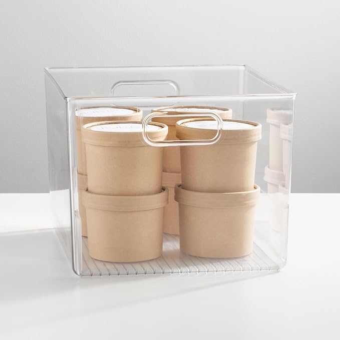 mDesign Plastic Modern Kitchen, Pantry Food Storage Container Bin w/ Handles - Cabinet, Fridge/Freezer, Countertop Organizer - Snacks/Drink/Appliances; Ligne Collection, Clear, 12x10x7.75 (Pack of 2)
