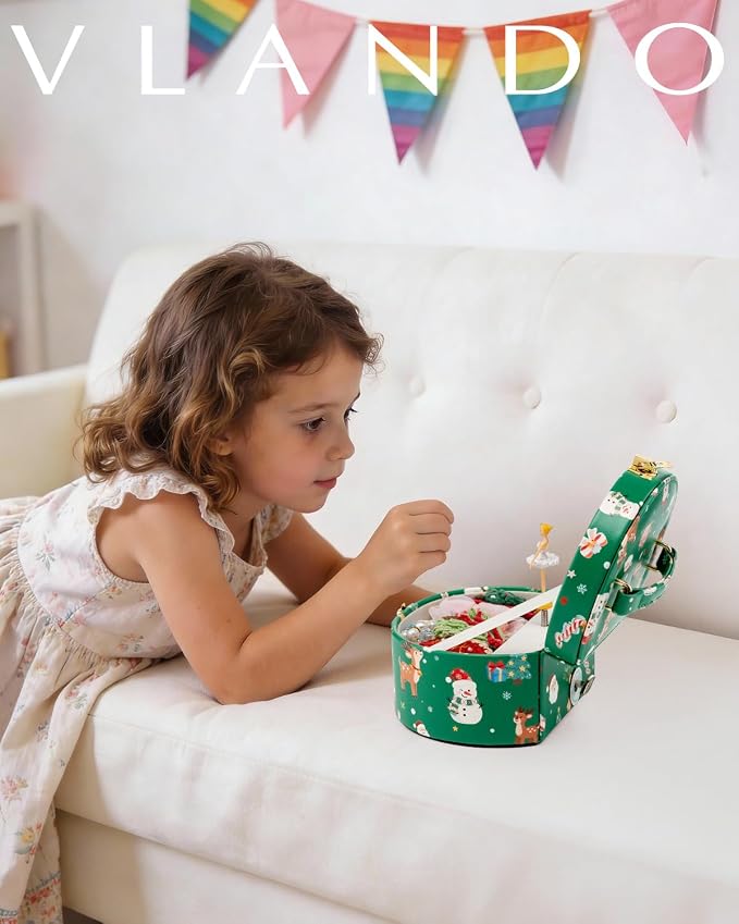 VLANDO 2Pcs Gifts for Girl, Musical Jewelry Box for Girls, Small Kid Music Box with Ballerina for Party Bedroom Decor, Gifts for Girls Kids - Christmas Green