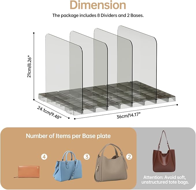 PAVSTINE 2 Pack Adjustable Purse Organizer, Stackable Closet Storage, Black | Adjustable Dividers, Clear Acrylic Handbag Storage Shelf, Keeps Bags & Clutches Upright, Stackable to Save Space, for Bedroom