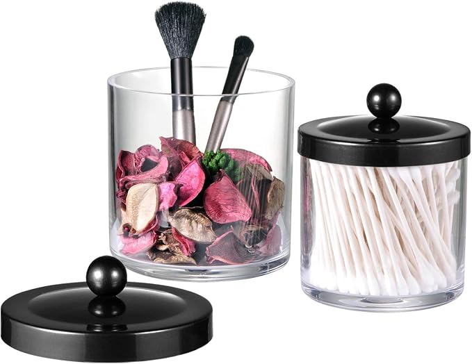 SheeChung 2-Pack Plastic Apothecary Jars with Black Metal Lids-Clear Acrylic Qtip Holder Set-Shatterproof Bathroom Vanity Organizer for Cotton Balls, Swabs, Pads-Modern Farmhouse Chic Decor
