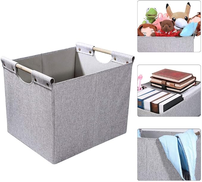 HOONEX Large Foldable Storage Bins, Linen Fabric, 2 Pack, with Wooden Carry Handles and Sturdy Heavy Cardboard, for Home, Office, Car, Nursery, Light Grey