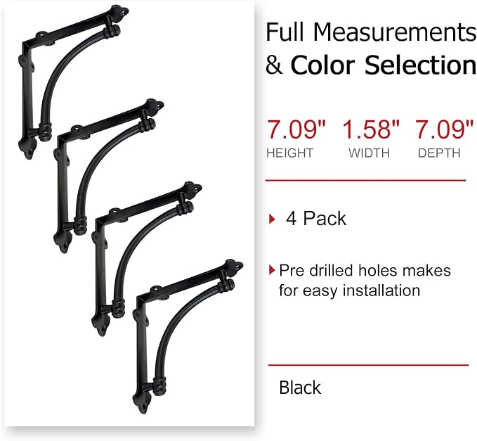 NACH Decorative Shelf Brackets, 4 Pack of 7.25 x 1.6 x 7.25 inch Black Cast Iron Shelf Brackets - Decorative Brackets for Mounting - Industrial Style Brackets - Slim Version - AD-90-064M