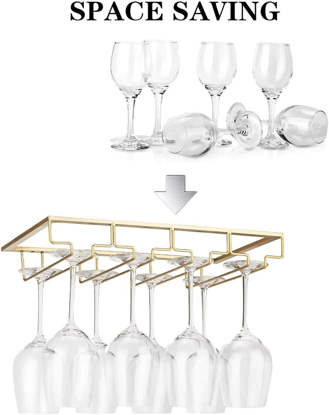 FOMANSH Wine Glass Rack - Under Cabinet Stemware Wine Glass Holder Glasses Storage Hanger 2 Pack Metal Organizer for Bar Kitchen 4 Rows Gold