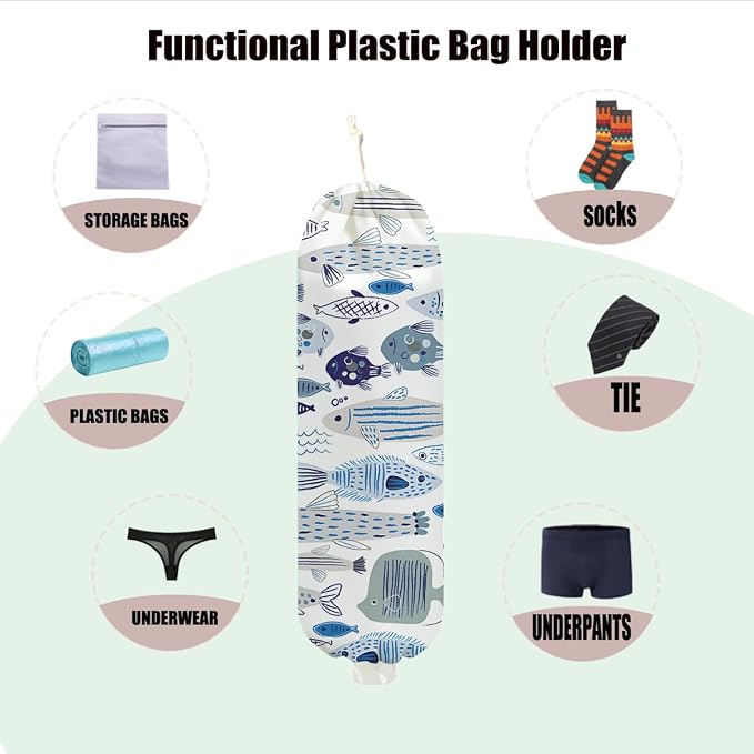 Fish Plastic Bag Holder, Blue Fish Wall Mount Grocery Bag Holder for Plastic Bags, Pull Rope Free Adjustment, Reusable Grocery Bags Storage Dispenser for Kitchen Decor, Housewarming Gifts for Women