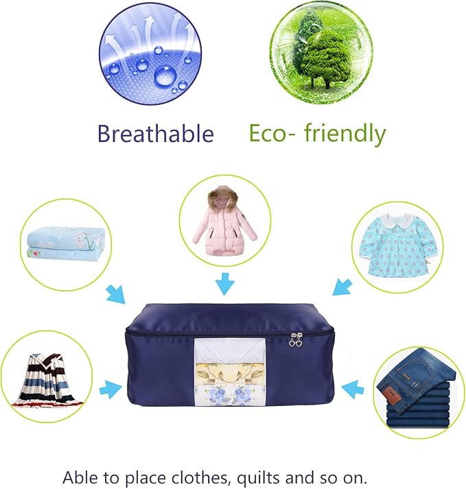 Blanket Storage Bags Pillow Bedspread Bedding Clothes Organizer Storage Containers With Zippers Breathable and Moistureproof. (Navy blue 2pcs, L)
