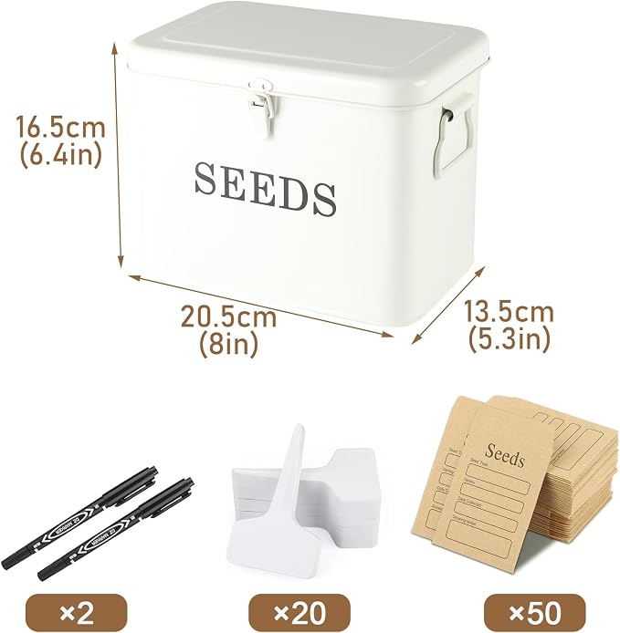 Seed Storage Organizer, T-Shape Compartment Seed Box with Safety Lock, Metal Seed Saving Box, Portable Seed Bin Container with Handle, Including 2 Pens 20 Plant Labels 50 Seed Envelopes-White