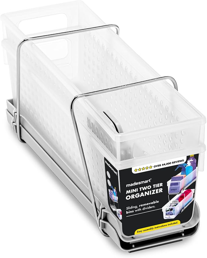 madesmart Mini 2-Tier Organizer, Multi-Purpose Slide-Out Storage with Handles and Dividers for Home and Bath, Frost