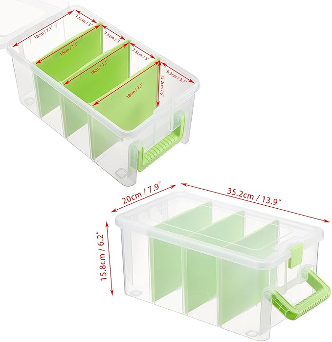 BTSKY Clear Plastic Dividing Storage Box with 4 Deep Compartments Adjustable Storage Bin with Lid Portable Craft Container Multipurpose Sewing Box Art Supply Organizer, 13.9x7.9x6.2 Inches, Green