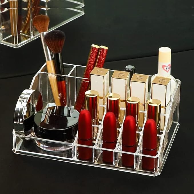 Acrylic Makeup Organizer Cosmetic Storage Makeup Display Case Makeup Brush Holder Lipstick Dispenser Canister Bathroom Container (8.7x 5 x 3.2 in, 16 Partitions, Transparent)
