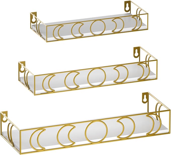 Moon Phase Wall Shelves White Gold, 3 Pack Small Floating Book Plant Shelves for Bedroom Kid Room, Decorative Storage Display Shelf for Crystal Figurine Collectibles
