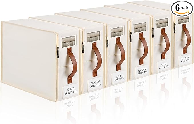 6 Pack Bed Sheet Organizers and Storage, Bedding Storage Box with Zipper, Label, Handle, Window, Linen Closet Organizer and Storage for Sheet Set, Clothing, Duvet Covers, Toys