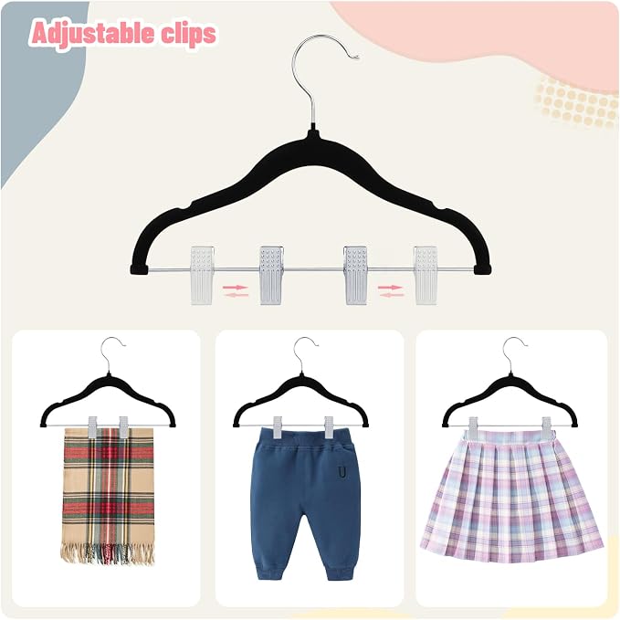 ManGotree 11.8'' Baby Velvet Hangers with Movable Clips, Non-Slip Kids Felt Hangers, Ultra-Thin Space-Saving Children's Clothes Hangers for Skirts, Pants, Dresses, Shirts, Jackets (28 Pack, Black)