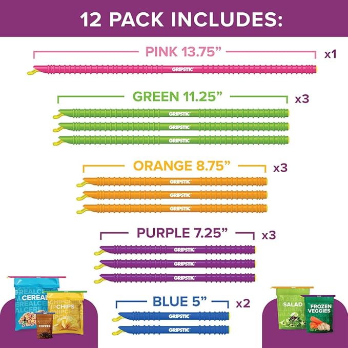 GripStic 12 Pack Assorted Food Bag Sealers Reusable Chip Clips Bag Clips | Seal Bags Airtight to Keep Food Fresh