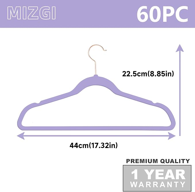 MIZGI Premium Velvet Hangers (60 Pack) Heavy Duty - Non Slip Felt Hangers - Velvet Suit Hangers Light Purple - Rose Gold Hooks,Space Saving Clothes Hangers