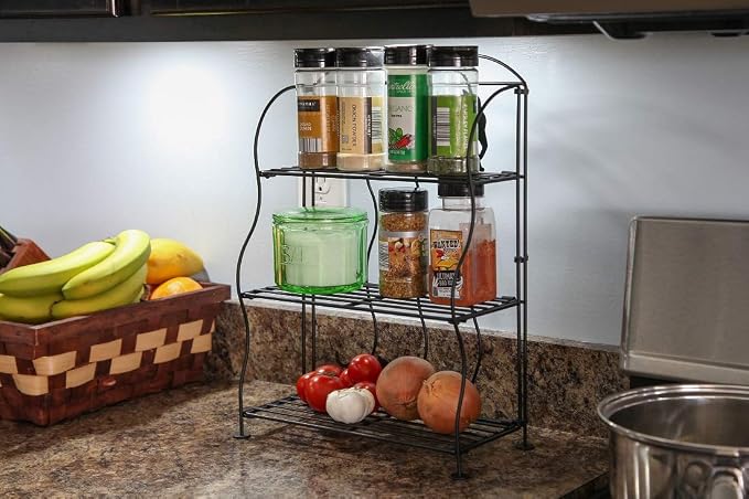 Lily's Home Cat Lovers Black Metal Countertop Wire Shelf Rack, Great for Household Items, Kitchen Organizer, Bathroom Storage and More. Foldable. 3-Tier