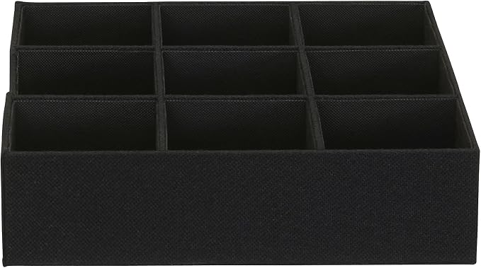 Household Essentials Drawer Organizer Tray with Fabric Cover and 9 Square Compartments, Black, Set of 2