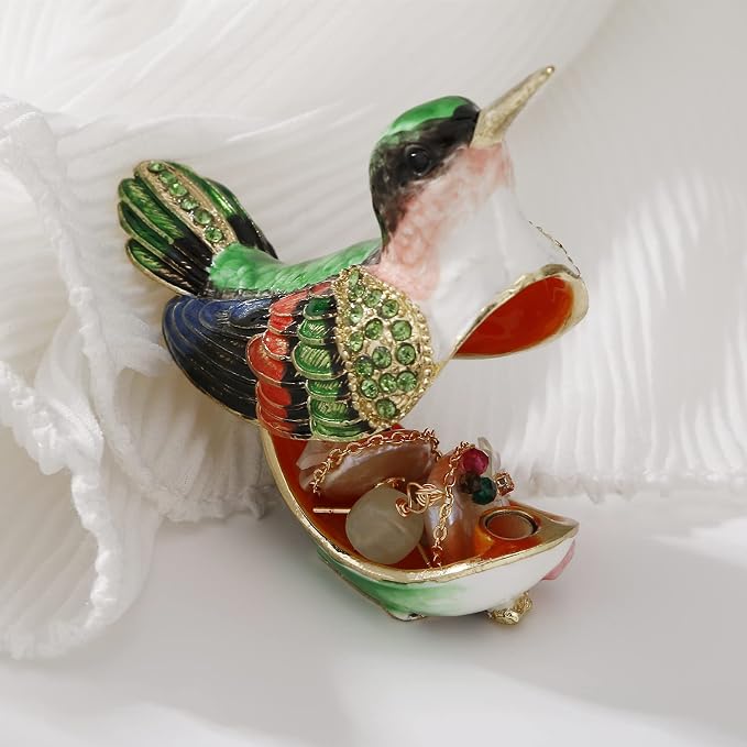 Hand Painted Enamel Hummingbird Trinket Box for Home Decor, Hinged Jewelry Organizer for Ring Earrings, Unique Figurine Keepsake Collectible Personalized Handmade Ornament Gifts (Green Hummingbird-2)