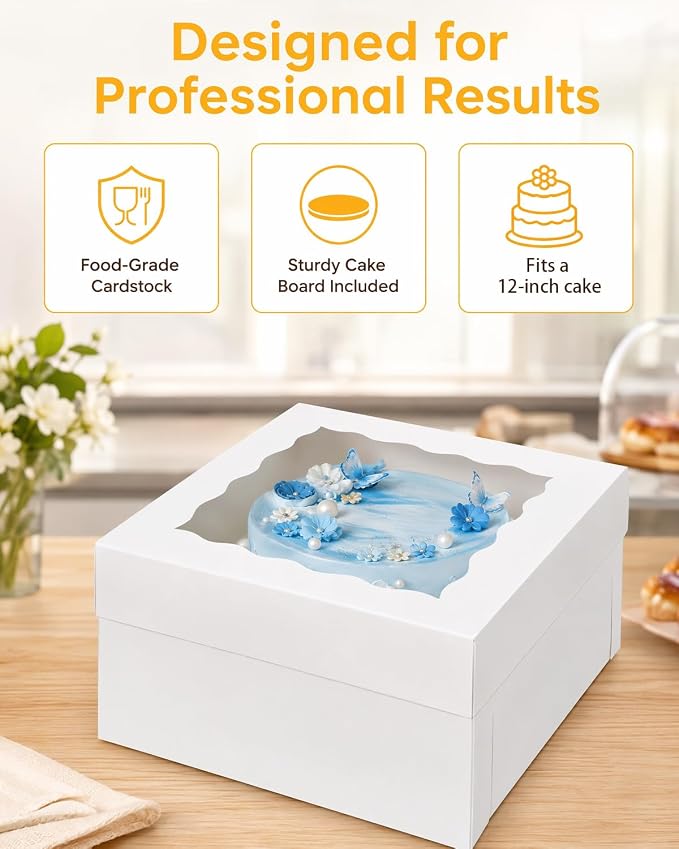 qiqee White 12"x12"x6" Cake Box 36Pcs, 12" White Cake Round Boards 36Pcs, for Cake, Treat Cookie Dessert, Birthday Party