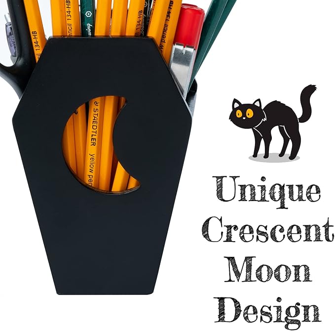 IRISVITA Small Coffin Pen Holder for Desk (Redesigned), Spooky Makeup Brush Holder, Gothic Decor for Home, Black Pencil Holder for Desk, Goth Room Decor, Mini Goth Vanity Organizer