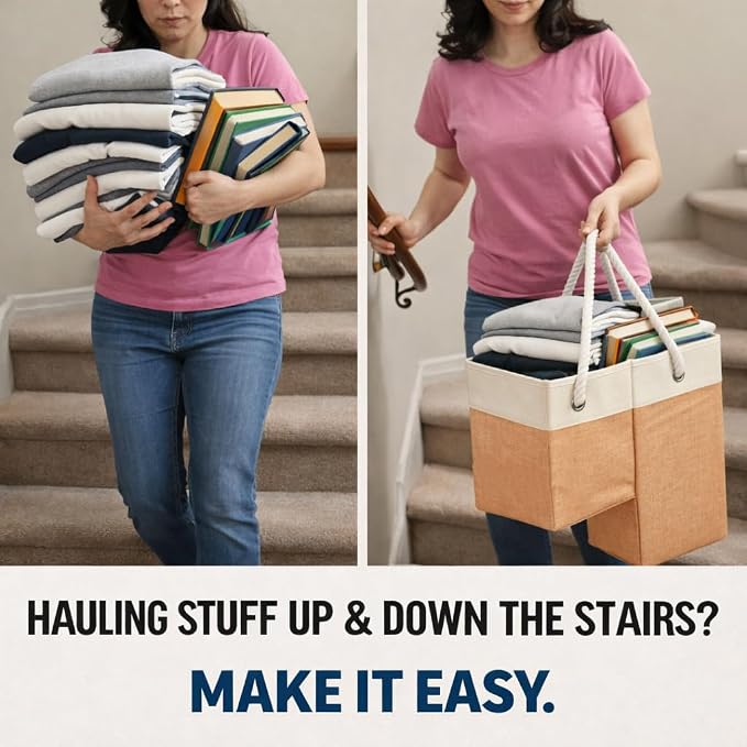 Stair basket,Foldable staircase baskets,Step stairs storage baskets with handle,2pcs apricot