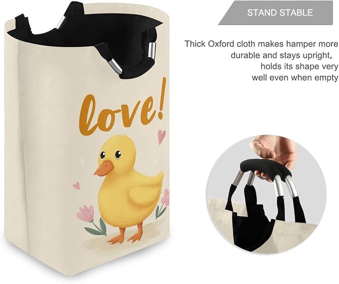 Yellow Duck with Pink Flowers Design Large Laundry Hamper Basket, Collapsible Laundry Bag Storage Bins Baskets with Handles for Laundry, Bedroom, Home Decor