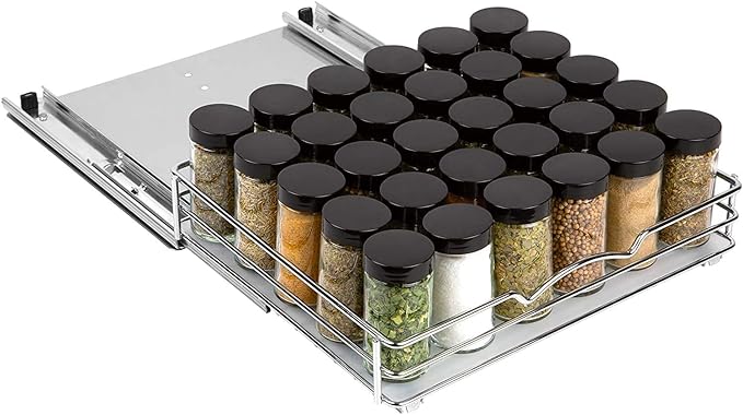Pull-Out Cabinet Spice Rack Organizer, 12 ⅜"W x 10 ⅜"D x 2 ¾"H | Slim Slide-Out Storage for Spices, Bottles & Jars, Premium Heavy-Duty Steel, Easy Install for Narrow Kitchen Cabinets, Chrome