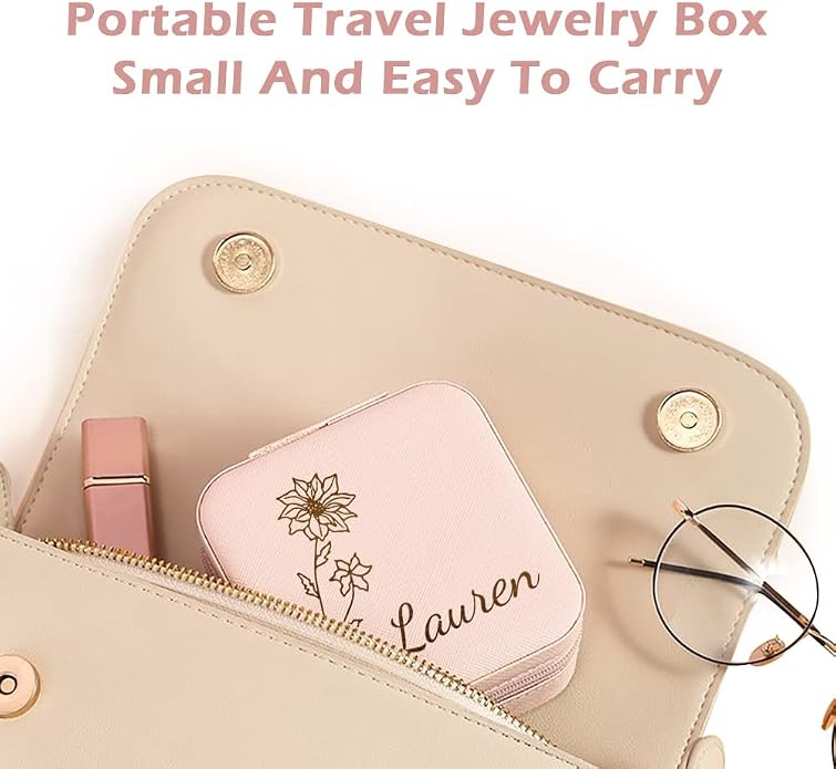 Bridesmaid Gifts Jewelry Box Personalized Small Jewelry Travel Case Custom PU Leather Portable Bridesmaid Proposal Boxes Mini Jewellery Organizer Storage Earrings Rings Necklaces for Women Girls-Pink