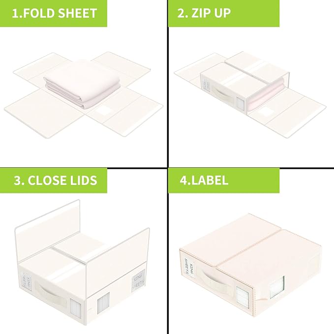 Aokeyee Foldable Bed Sheet Organizers and Storage - 4 Pack(Queen or King Size) Sheet Set Organizer for Bed Sheets,Pillowcases,Linen Closet Organizer for Bedding Clothes Towels(lvory)