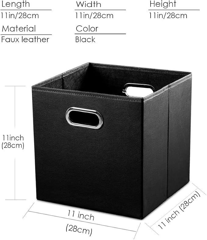 PRANDOM Leather Foldable Cube Storage Bins 11x11 inch [4-Pack] Fabric Storage Baskets Cubes Drawer with Cotton Handles Organizer for Shelves Nursery Closet Bedroom Clothes Black