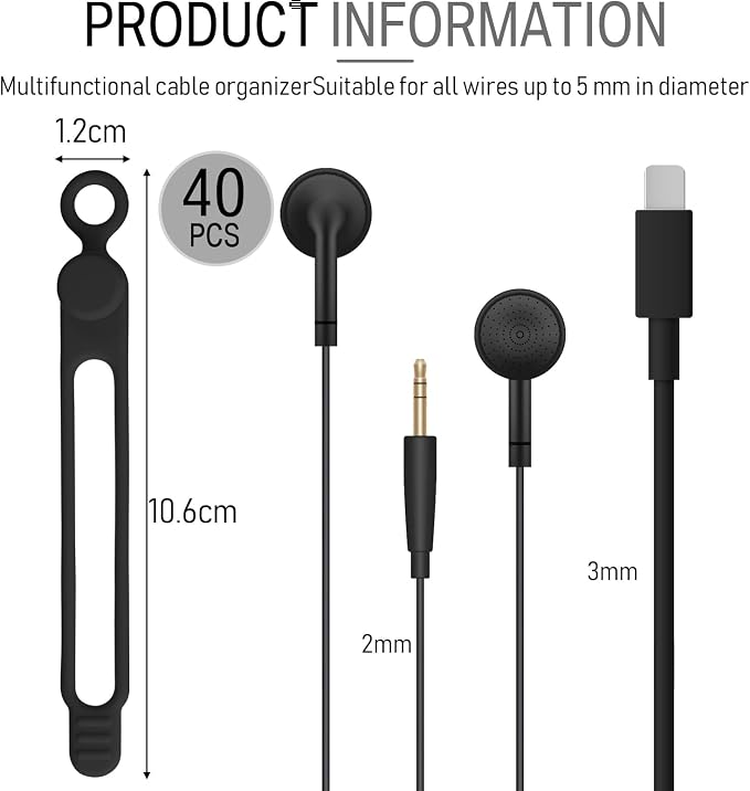 Nuanchu 40 Pcs Silicone Cable Ties Reusable Holder Adjustable Straps Multipurpose Charging Cable Organizer for Fastening Charging Cords Wires(4.17 Inch,Black)