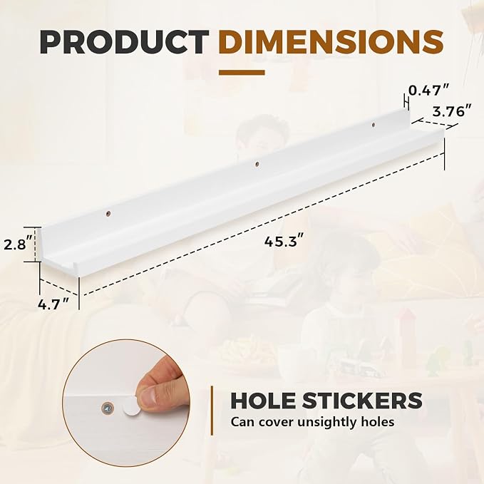 Muzilife 45.3" Large Floating Wall Ledge Shelves with Lip - Set of 2 Wood Floating Shelves - White Wall Mounted Picture Ledge for Office, Bathroom, Bedroom, Living Room, Kitchen
