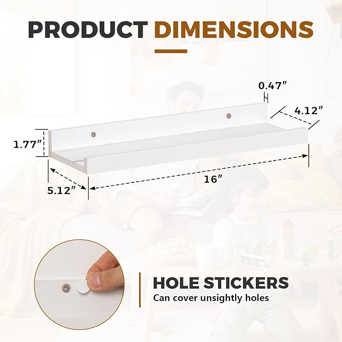 Muzilife 16" Wood Floating Shelves Wall Shelf with Lip,2Pcs, Widened, White | FSC-Certified Wood | 20 lbs Capacity | Space-Saving | Hanging Shelf | Wall Decor| Bedroom,Living Room,Bathroom,Kitchen,Office