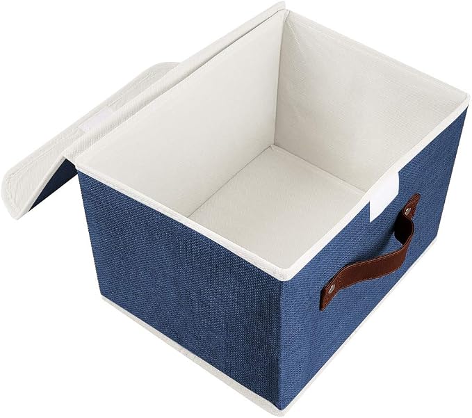 2Pack Storage Bins Boxes with Lids 15"x10"x10" Decorative Storage Baskets | Cotton Linen Fabric, Collapsible, Faux Leather Handles, Storage Cubes, Closet Shelf Clothes Organizer Container, Blue