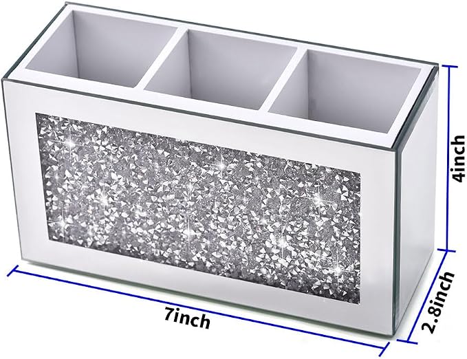 Mirrored Makeup Brush Holder Organizer, 3 Compartments Cosmetic Brush Storage Holders, Crushed Diamond Remote control holder, Pen and Pencil Holder for Desk, Eyeliners Display Case for Vanity