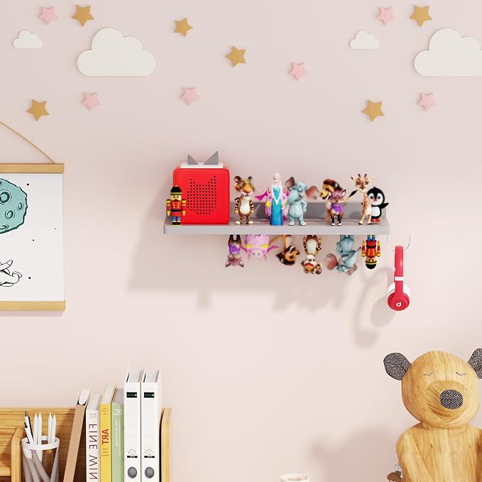 for Tonies Shelf Magnetic - Tonies Figure Organizer for Kids Room, Wooden Magnetic Display Shelf for Tonies Box Holder, Wall Floating Shelves Toy Storage Compatible Charging Station (1 Tier, Grey)