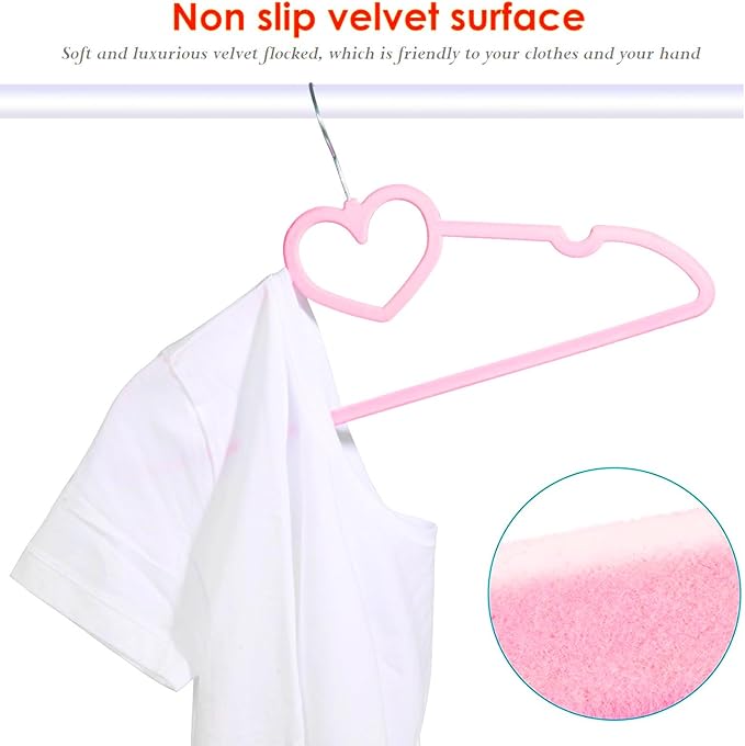 Velvet Hangers 50 Pack,16 Inch Non Slip Adult Heart Hanger (Pink) | 360° Swivel Hooks, Cascade Design, Space Saving