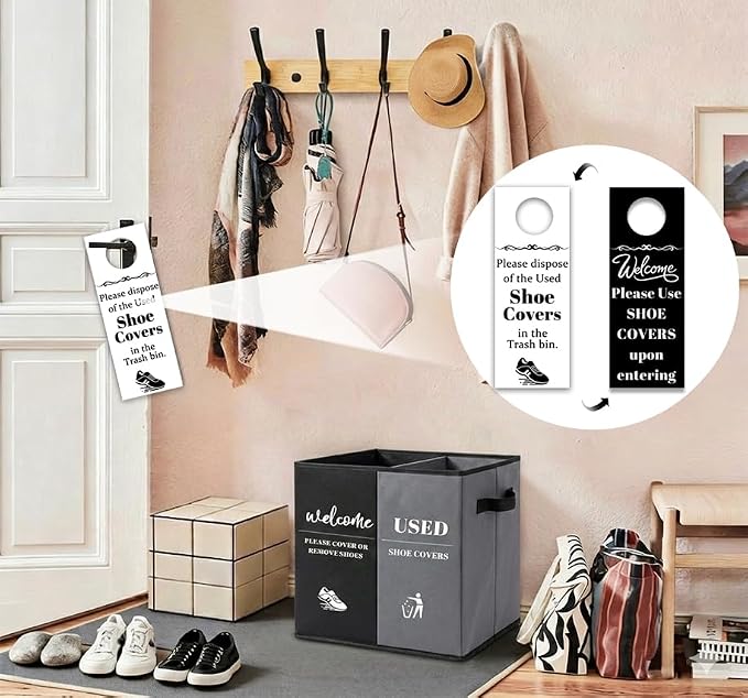 Shoe Cover Box with Door Hanging Sign – Foldable Double Compartment Storage Bin, Freestanding Dispenser Organizer for Home, Office, Entryway (Dark Gray)