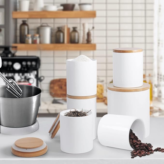 77L Food Storage Jar, 10.13 FL OZ (300 ML), Ceramic Food Storage Jar with Airtight Seal Bamboo Lid - Modern Design White Ceramic Food Storage Canister for Serving Tea, Coffee, Spice and More