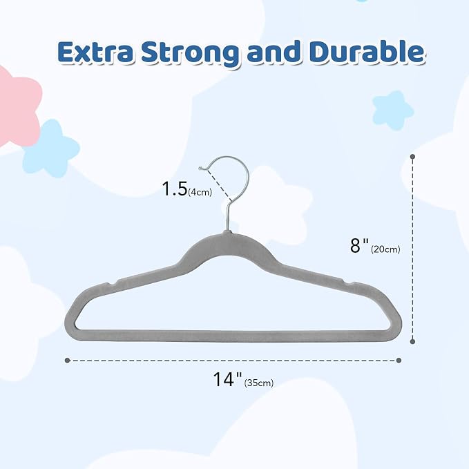 Smartor Premium 14 Inch Kids Hangers 50 Pack, Baby Velvet Hanger Non Slip | Grey Space Saving Felt Hangers Clothes Organizers for Closet with 360° Swivel Hook for Children, Toddler & Teens