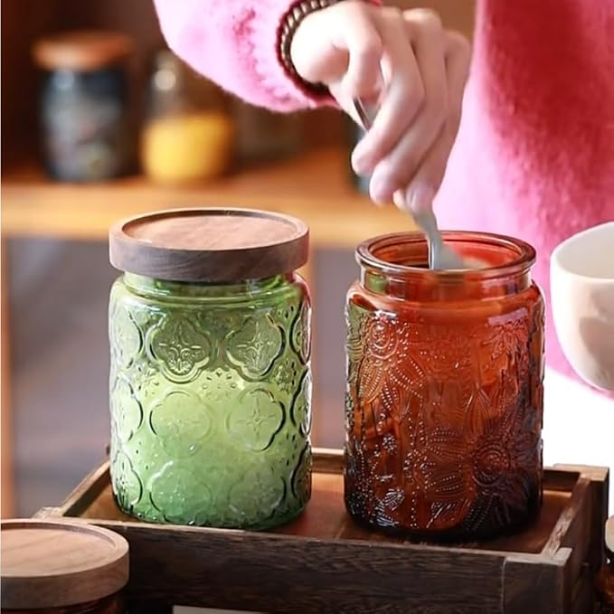 ANSQU Vintage Glass Kitchen Storage Counter Jar, Candy Jars with Lids, Coffee Container for Ground Coffee, Mason Jar Hold Coffee Beans, Tea, Sugar, Bath Salts & More, 23.7 FL OZ (Amber, 1Pack)