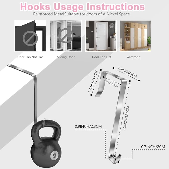 Over The Door Hanging Organizer with 5 Large Pockets - Wall Mount Pantry Storage with 2 Big Metal Hooks for Baby Girl’s Diapers Closet, Bathroom, Nursery, Bedroom, Dorm, Baby, Kids Toys (Pink)