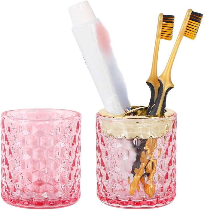 2pcs Pink Toothbrush Holders for Bathrooms, Glass Toothbrush Holder and Bathroom Tumbler Cup Set, Gold Bathroom Tooth Brush Cup Organizer for Brushes,Toothpaste and Razor