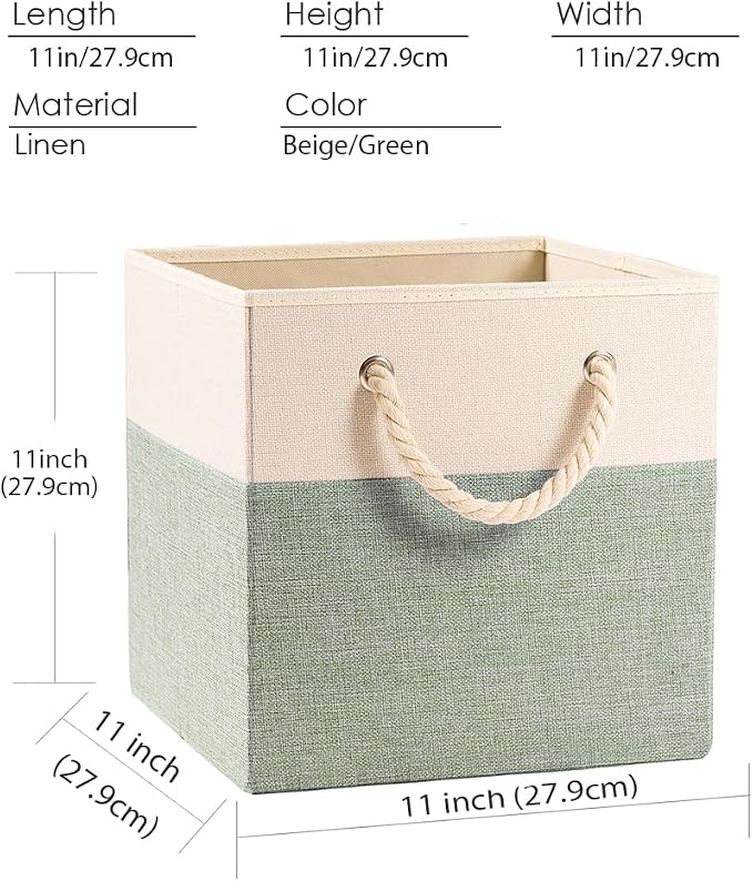 PRANDOM Large Foldable Cube Storage Bins 11x11 inch [4-Pack] Fabric Linen Storage Baskets Cubes Drawer with Cotton Handles Organizer for Shelves Nursery Closet Bedroom Beige/Green
