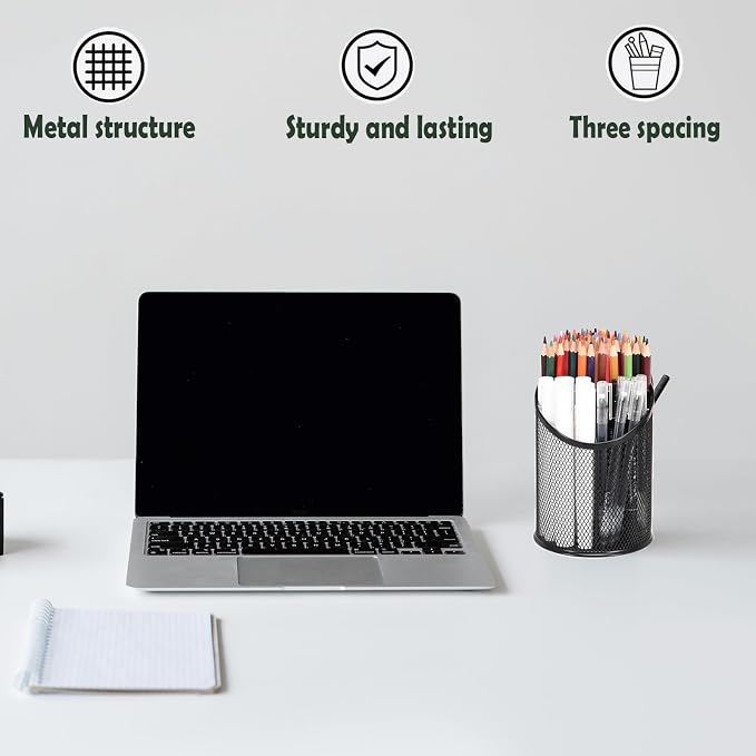 MINDEPOT 2 Pack Mesh Pencil Holder Pen Cup for Desk Round Black Pen Holder Desktop Pen Organizer 3 Compartments Pencil Organizer Desk Organizer for Office Home School