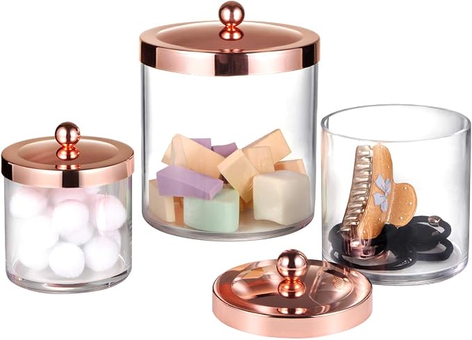 SheeChung 3-Pack Plastic Apothecary Jars with Rose Gold Metal Lids - Large 50oz, 25oz & 15oz Acrylic Storage Set - Shatterproof Laundry Room & Bathroom Organizer - Modern Minimalist Chic Decor