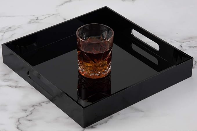 KEVLANG Glossy Black Sturdy Acrylic Serving Tray with Handles-10x10Inch-Serving Coffee,Food,Breakfast,Butler-Kitchen Countertop Tray-Makeup Drawer Organizer-Vanity Table,Ottoman Tray-Decorative Tray