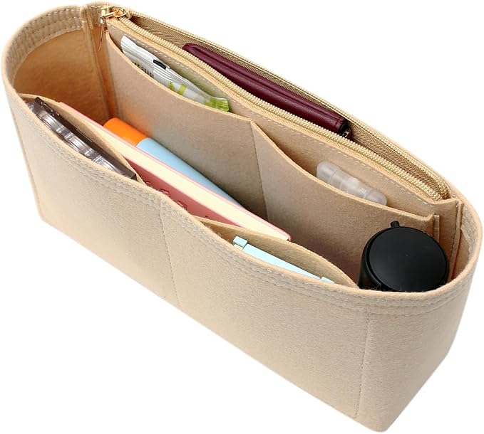 Surblue Purse Organizer Insert for Handbags, Felt Bag Organizer with Zippers Handbag Shaper Pouch for Classic 19 Flap Bag, Marmont, Onthego,（Khaki, Slender M）